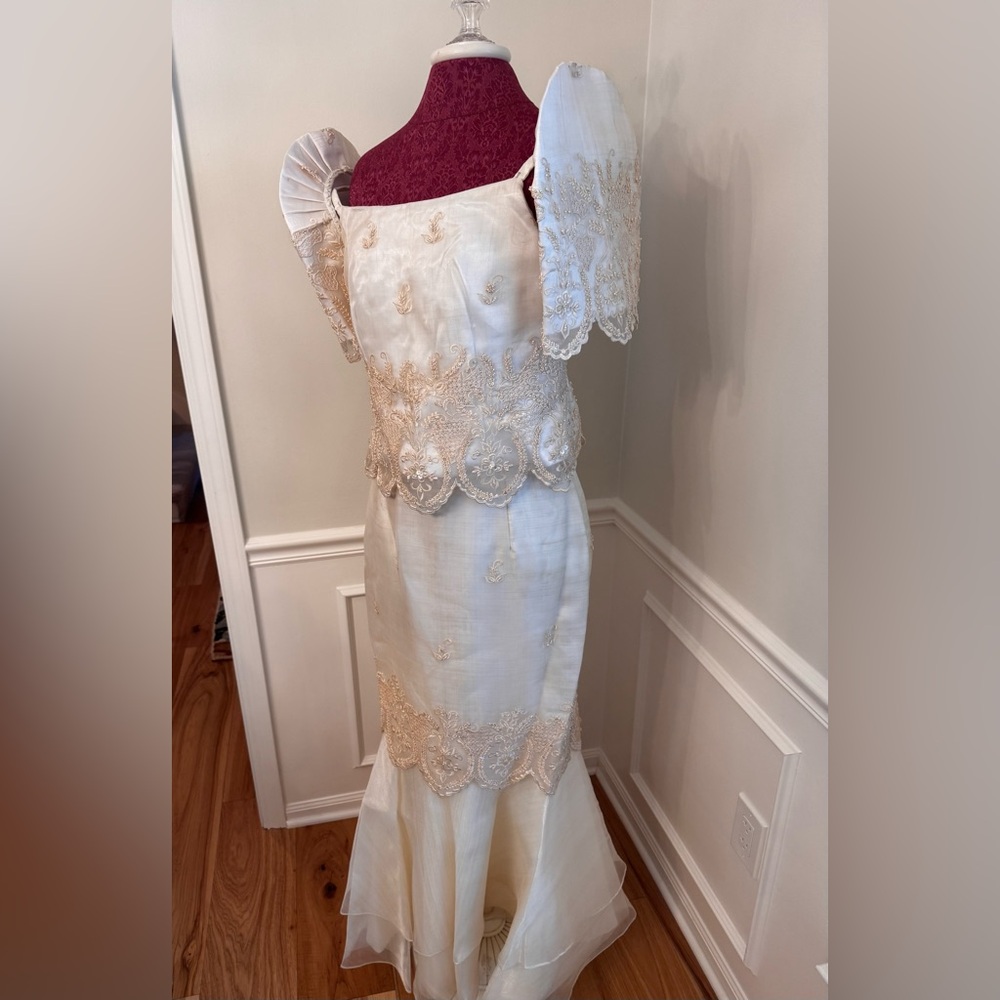 Rafaella Cream Filipiniana Butterfly Sleeve formal dress. Maria Clara Gown